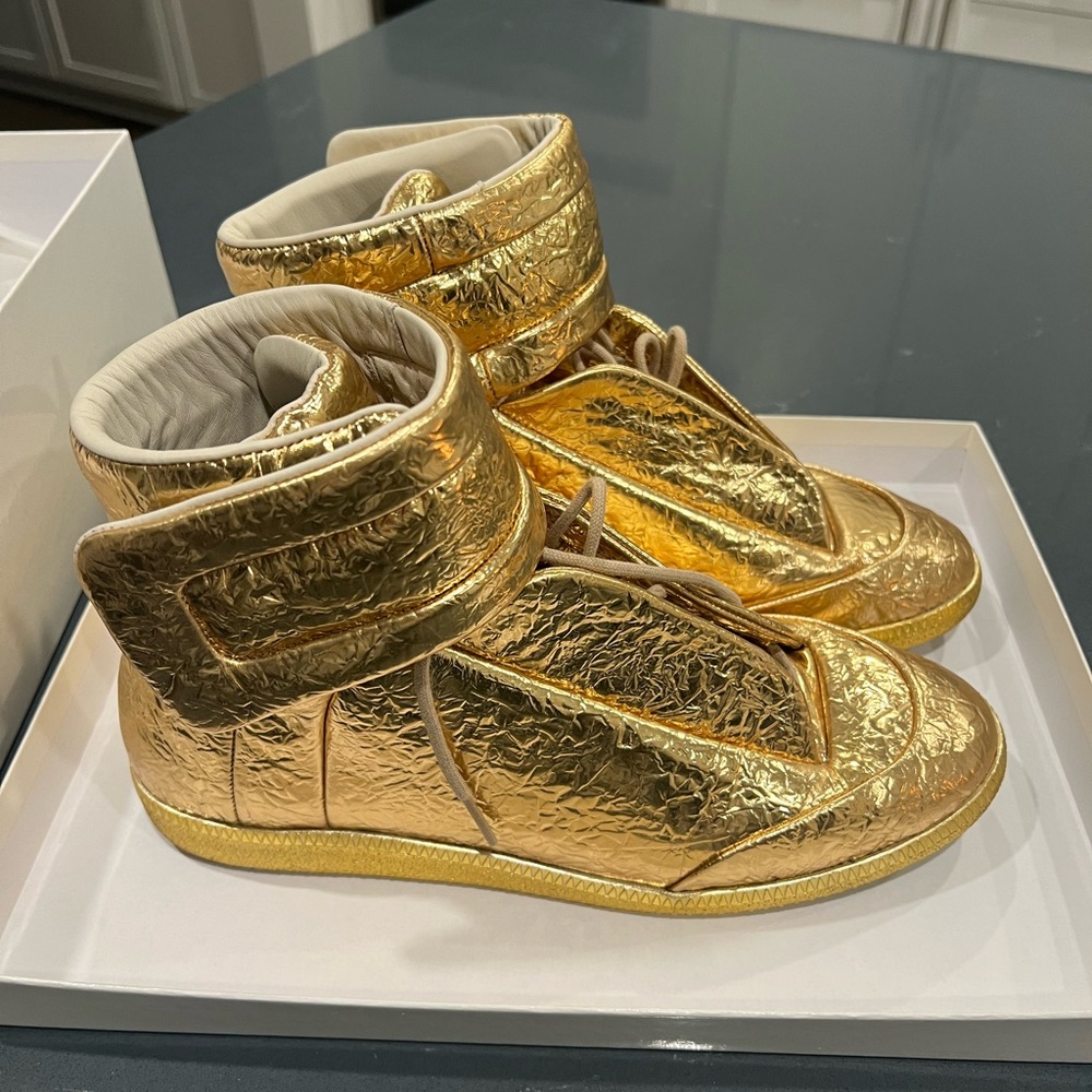 New with box Maison Margiela gold shoes.